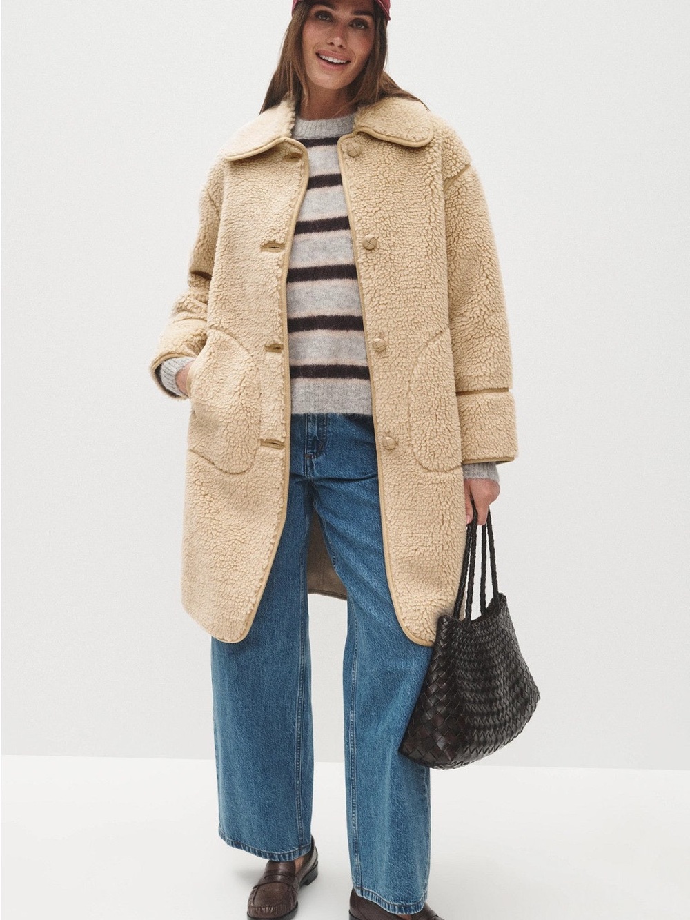 LK BENNETT Farah Oatmeal Faux Fur Coat Size Small Midi Length Beige Neutral $550